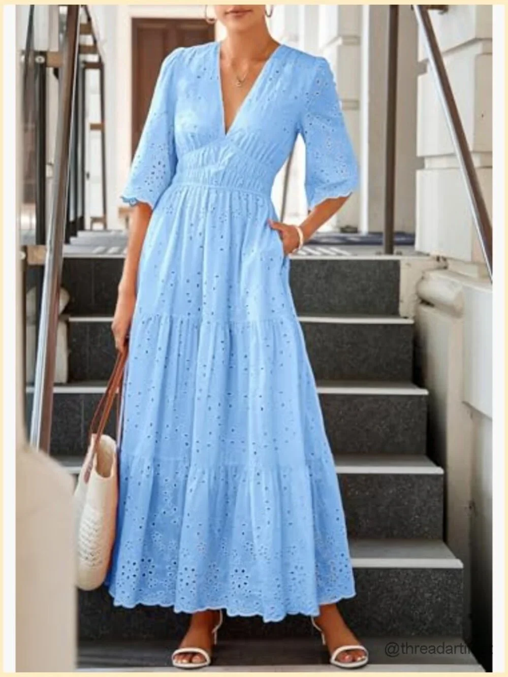Long Sleeve V Neck Eyelet Ruffle Swing A-Line Boho Maxi Dress - Picture 5 of 7
